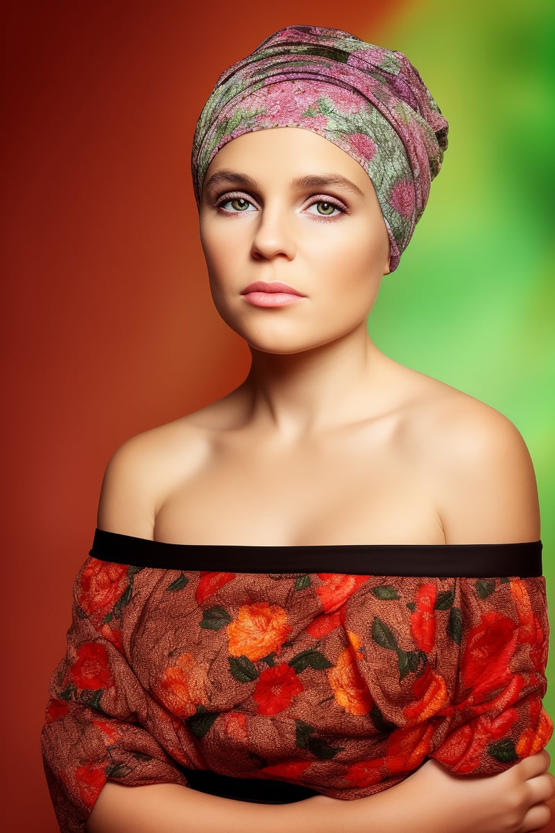 photorealistic, upper body, stand, 1girl woman 37 year-old, thick eyebrows (Turbant:1.2), super detailed skin texture, looking at viewer, black hair, off shoulder floral dress bright and very colorful, silver blue, photo studio, dark simple blurred background, perfectly illumination,turbant