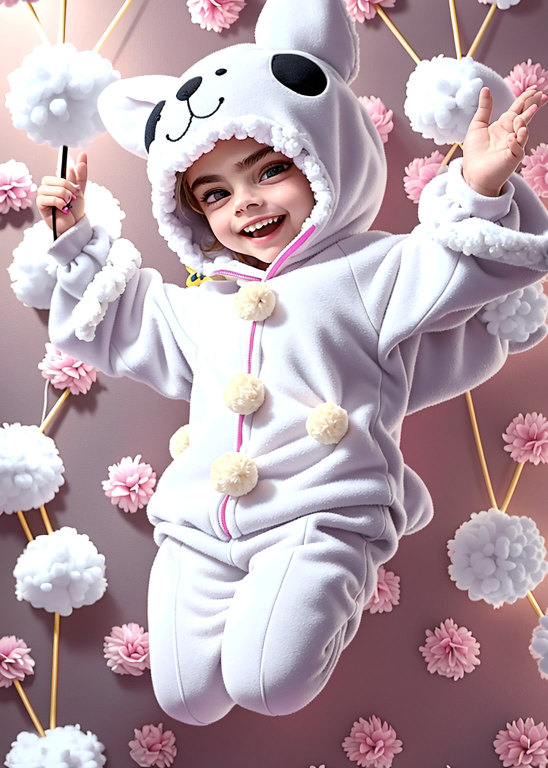 cara delevingne toddler, smiling happy, photography from below, (( suit bunny costume plush white pom pom tail)) indirect lighting, jumping on bed, ((room floral wallpaper background)), (full body)