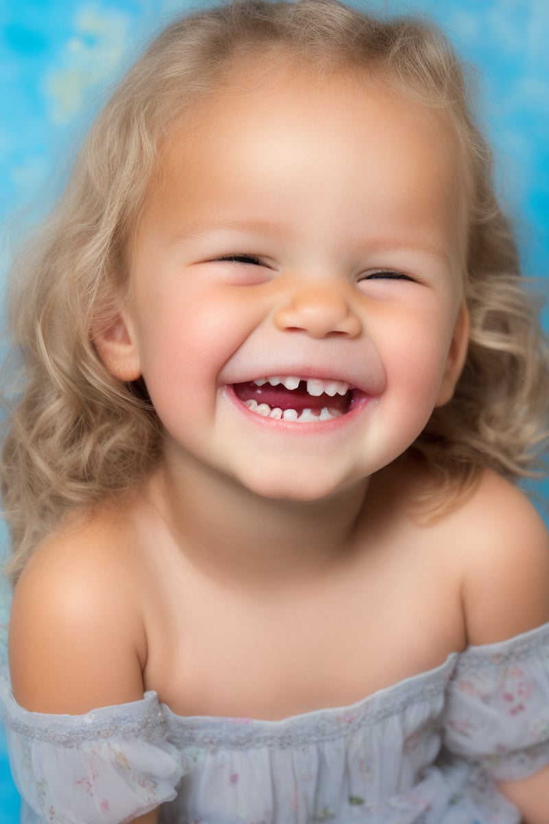 photorealistic, portrait face, stand, 1girl 7 year-old, thick eyebrows, (smile, happy, grin, open mouth, beautiful gray eyes) (missing teeth:1), super detailed skin texture, looking at viewer, blond hair, long hair, off shoulder floral dress bright and very colorful, silver blue, photo studio, dark simple blurred background, perfectly illumination,