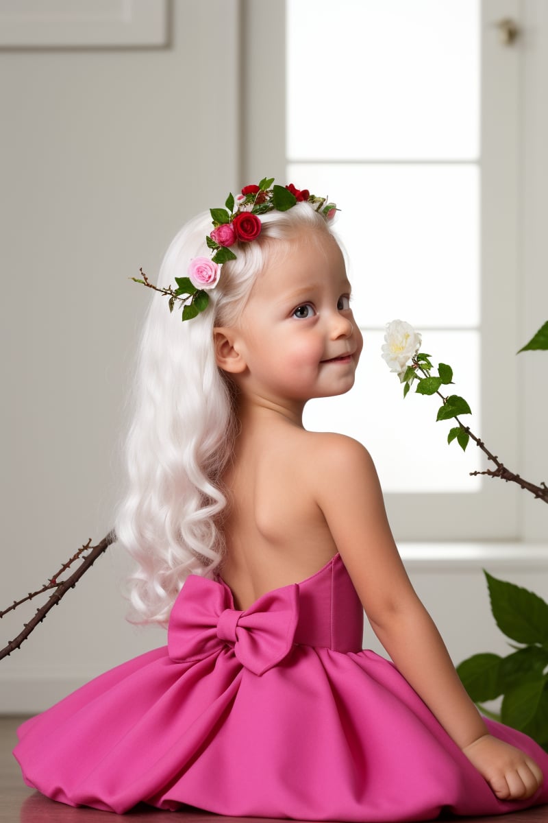 score_9, score_8_up, solo, (upper body)(from back, looking at viewer, over shoulder), little girl 7 year-old, real flowers crown, big flowers, rose, margarita, (small leaves branches on the hair) (PINK eyes:1.3),(red  dress),((albino, white eyebrows, white eyelashes))((long white hair))  white skin, detailed skin texture,  (dynamic pose) (looking at viewer),  bows, perfectly illumination, photorealistic, indoors,ALG,