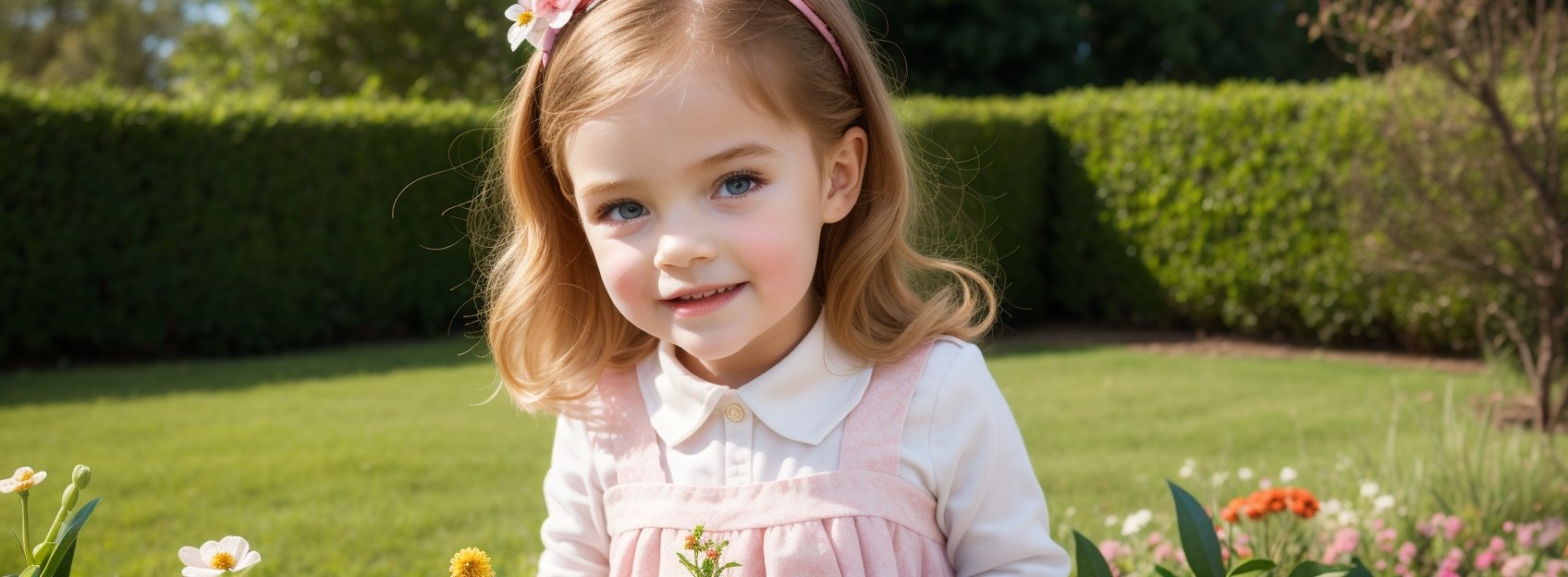 upper body, little girl 7 year-old, vintage dress, long sleeves, collar bib, blond hair, outdoors, garden flowers blurred background, perfectly illumination,vdress