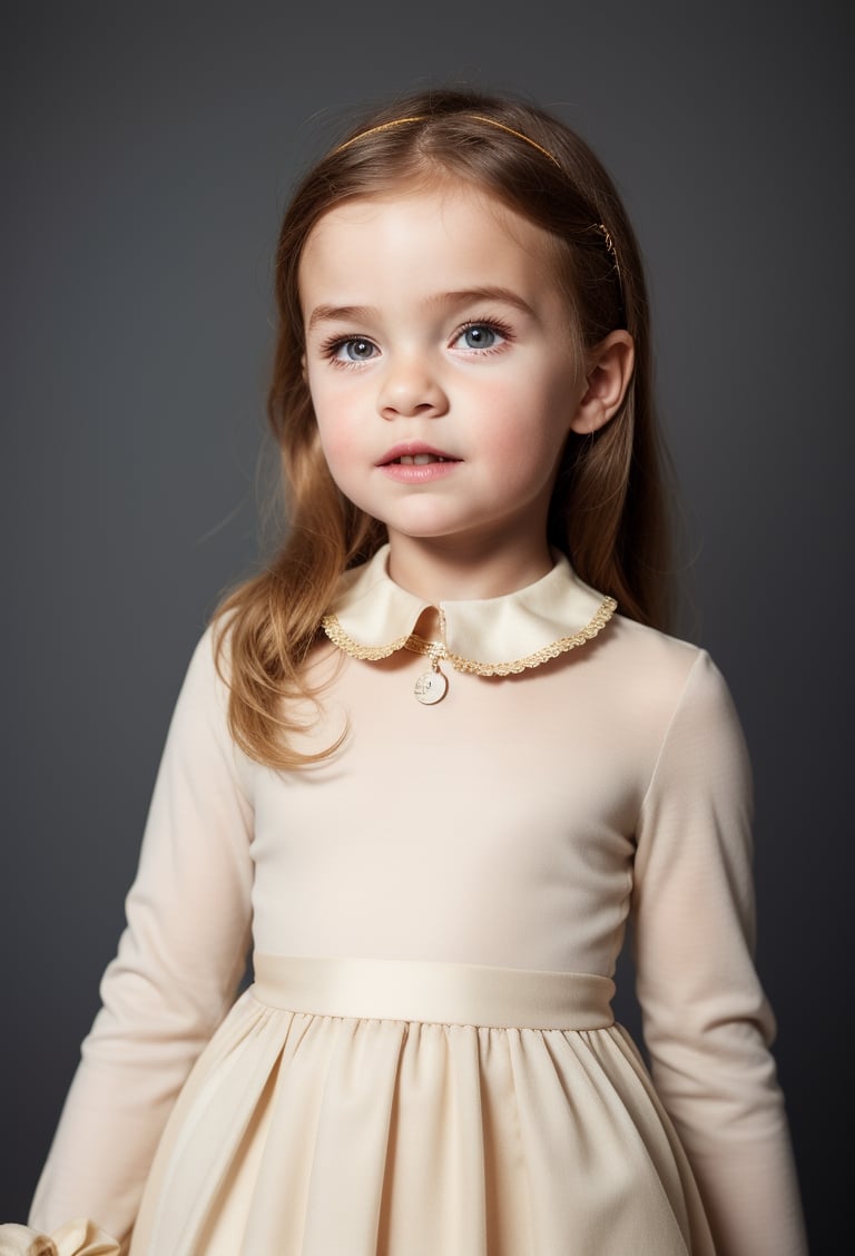 upper body, little girl 13 year-old, vintage dress, long sleeves, collar, blond hair, photo studio, dark simple blurred background, perfectly illumination,vdress