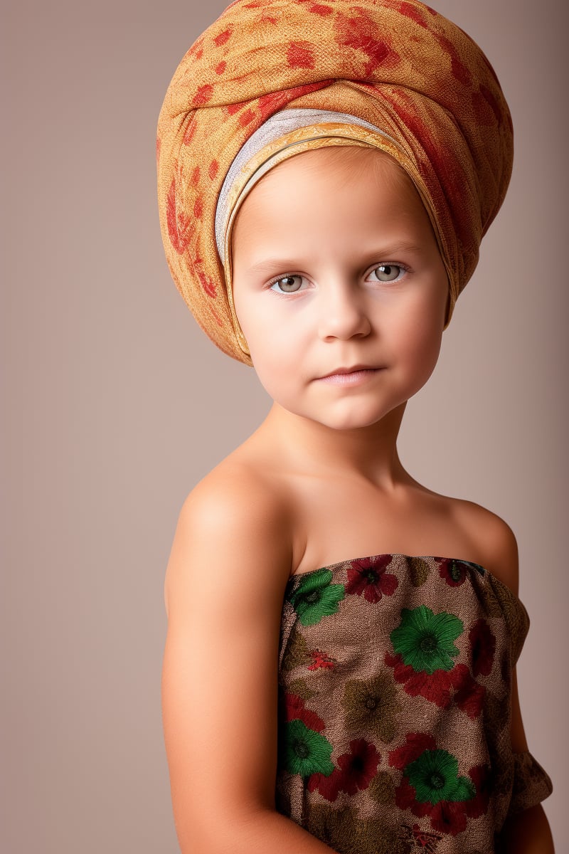 photorealistic, upper body, stand, 1girl 7 year-old, thick eyebrows (Turbant:1.2), super detailed skin texture, looking at viewer, black hair, off shoulder floral dress bright and very colorful, silver blue, photo studio, dark simple blurred background, perfectly illumination,turbant