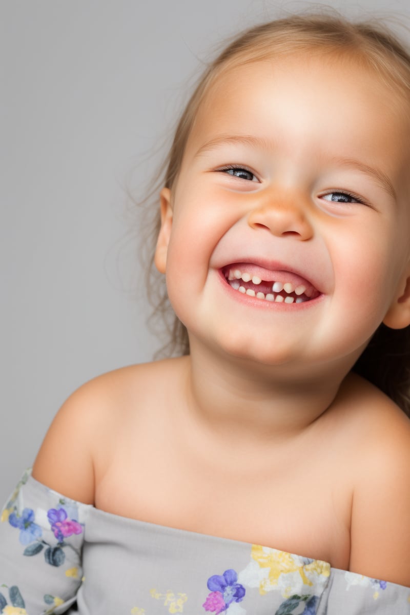 photorealistic, portrait, upper body, stand, 1girl 7 year-old, thick eyebrows, (smile, happy, grin, open mouth, beautiful gray eyes) missing teeth, super detailed skin texture, looking at viewer, blond hair, long hair, off shoulder floral dress bright and very colorful, silver blue, photo studio, dark simple blurred background, perfectly illumination,