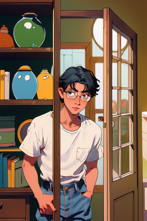 masterpiece, best quality, high resolution, 1-boy, glasses, white shirt, jeans pants, peeking over upper body, peeking out upper body (peeking_out_upper_body_pruned:1.2) door, opening door, doorway,bedroom, bed, wall chart, window, cupboard, chair, books