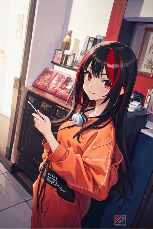 ultra high res, (best quality, masterpiece, intricate details), ultra-detailed,(fashion illustration anime), professional lighting, ((full body)), ((black hair)), ((fringe of hair Red streak in front)), (looking at viewer:1.2), (Red eyes), (detailed hands draw:1.4), (girl:1.5), Curled hair, (curvy), narrow waist, (real skin, oiled Skin), (Red sweatshirt with a black logo in the center:1.3), swimming goggles in the neck, (female body, narrow waist), (red hair accessory), On the room, intricate details,photorealistic,anime, happy