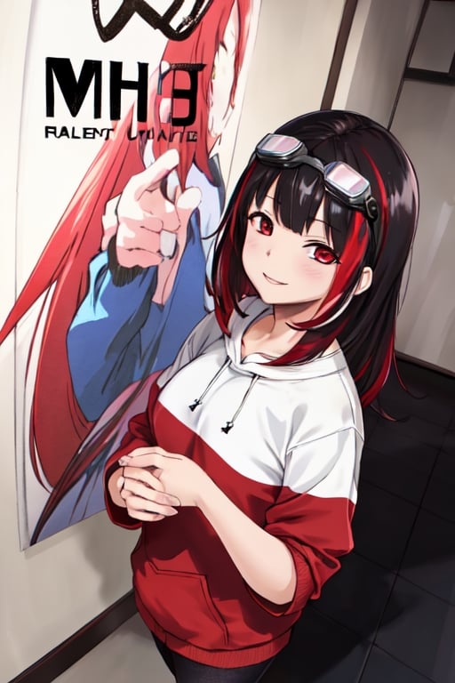 ultra high res, (best quality, masterpiece, intricate details), ultra-detailed,(fashion illustration anime), professional lighting, ((full body)), ((black hair)), ((fringe of hair Red streak in front)), (looking at viewer:1.2), (Red eyes), (detailed hands draw:1.4), (girl:1.5), Curled hair, (curvy), narrow waist, (real skin, oiled Skin), (Red sweatshirt with a black logo in the center:1.3), swimming goggles in the neck, (female body, narrow waist), (red hair accessory), On the room, intricate details,photorealistic,anime, happy