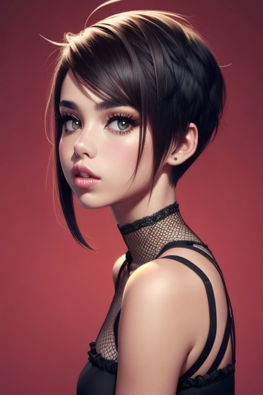 spiky bald hairstyle, short hair, mexican skin, Fishnet tight, corsetry, mexican girl ,black hair, ((hair cut sper short,)), soft Brown eyes, mouth
