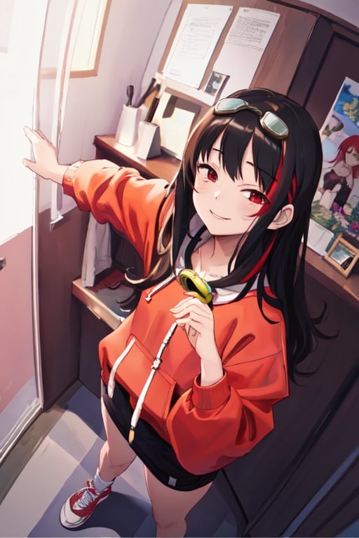 ultra high res, (best quality, masterpiece, intricate details), ultra-detailed,(fashion illustration anime), professional lighting, ((full body)), ((black hair)), ((fringe of hair Red streak in front)), (looking at viewer:1.2), (Red eyes), (detailed hands draw:1.4), (girl:1.5), Curled hair, (curvy), narrow waist, (real skin, oiled Skin), (Red sweatshirt with a black logo in the center:1.3), swimming goggles in the neck, (female body, narrow waist), (red hair accessory), On the room, intricate details,photorealistic,anime, happy