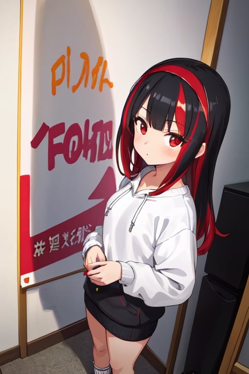 ultra high res, (best quality, masterpiece, intricate details),(fashion illustration anime), professional lighting, ((full body)), ((black hair)), ((fringe of hair Red streak in front)), (looking at viewer:1.2), (Red eyes), (detailed hands draw:1.4), (girl:1.5), Curled hair, (curvy), narrow waist, (real skin, oiled Skin), (Red sweatshirt with a black logo in the center:1.3), swimming goggles in the neck, (female body, narrow waist), (red hair accessory), On the room,anime, (text:MLII rare art),