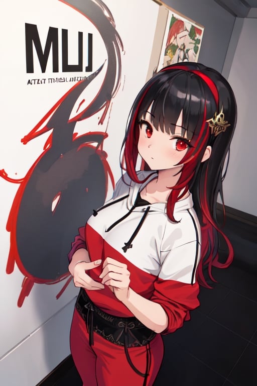 ultra high res, (best quality, masterpiece, intricate details),(fashion illustration anime), professional lighting, ((full body)), ((black hair)), ((fringe of hair Red streak in front)), (looking at viewer:1.2), (Red eyes), (detailed hands draw:1.4), (girl:1.5), Curled hair, (curvy), narrow waist, (real skin, oiled Skin), (Red sweatshirt with a black logo in the center:1.3), swimming goggles in the neck, (female body, narrow waist), (red hair accessory), On the room,anime, (text:MLII rare art),