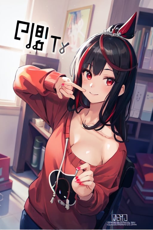 ultra high res, (best quality, masterpiece, intricate details), ultra-detailed,(fashion illustration anime), professional lighting, ((full body)), ((black hair)), ((fringe of hair Red streak in front)), (looking at viewer:1.2), (Red eyes), (detailed hands draw:1.4), (girl:1.5), Curled hair, (curvy), narrow waist, (real skin, oiled Skin), (Red sweatshirt with a black logo in the center:1.3), swimming goggles in the neck, (female body, narrow waist), (red hair accessory), On the room, intricate details,photorealistic,anime, happy