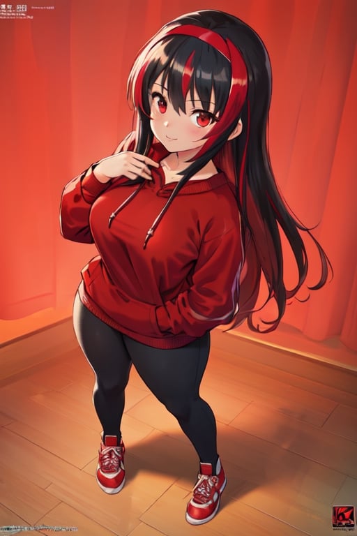 ultra high res, (best quality, masterpiece, intricate details), ultra-detailed,(fashion illustration anime), professional lighting, ((full body)), ((black hair)), ((fringe of hair Red streak in front)), (looking at viewer:1.2), (Red eyes), (detailed hands draw:1.4), (girl:1.5), Curled hair, (curvy), narrow waist, (real skin, oiled Skin), (Red sweatshirt with a black logo in the center:1.3), swimming goggles in the neck, (female body, narrow waist), (red hair accessory), On the room, intricate details,photorealistic,anime, happy