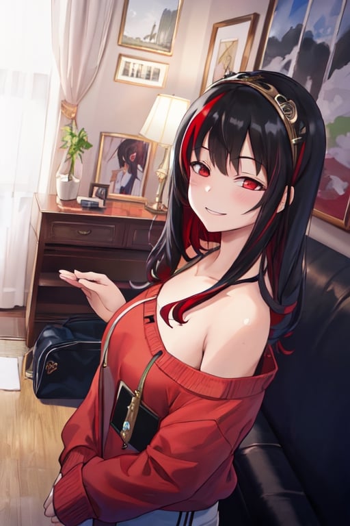 ultra high res, (best quality, masterpiece, intricate details), ultra-detailed,(fashion illustration anime), professional lighting, ((full body)), ((black hair)), ((fringe of hair Red streak in front)), (looking at viewer:1.2), (Red eyes), (detailed hands draw:1.4), (girl:1.5), Curled hair, (curvy), narrow waist, (real skin, oiled Skin), (Red sweatshirt with a black logo in the center:1.3), swimming goggles in the neck, (female body, narrow waist), (red hair accessory), On the room, intricate details,photorealistic,anime, happy