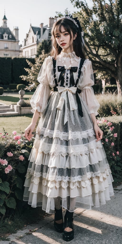 realistic, photorealistic, masterpiece, best quality, top quality, ultra high res, lolita_dress, 1girl, solo, slim, looking at viewer, full body, long hair, standing, dynamic pose, detailed background, in garden, castle, netural lighting, (pureerosface_v1:0.5),lolita_dress