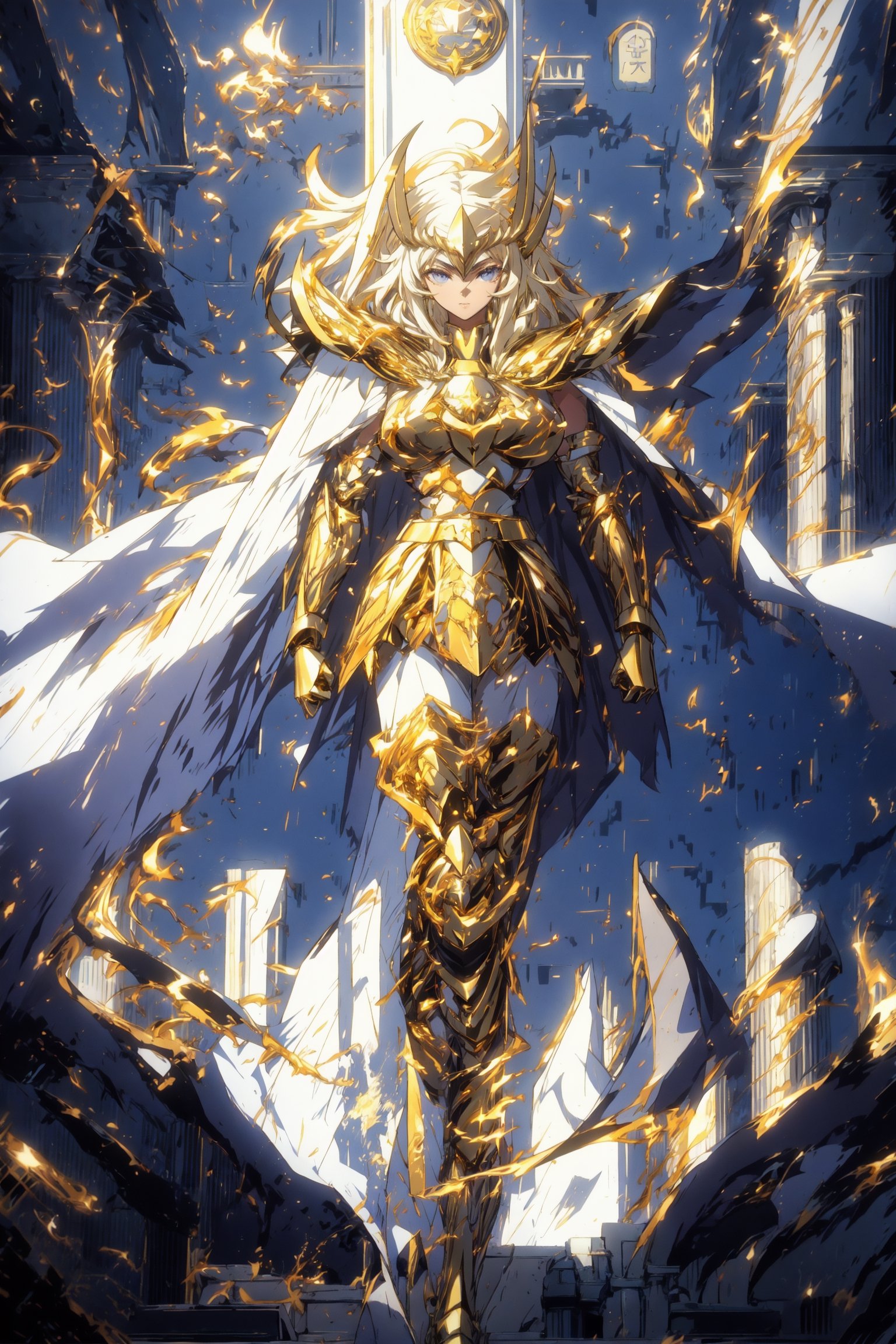 absurdres, highres, ultra detailed,Insane detail in face,  (nsfw, girl,  big breasts), Gold Saint, Saint Seiya Style, (((Gold Armor))), Full body armor, no helmet, Zodiac Knights, (((white long cape))), black hair, Asian Fighting style pose, gold gloves, long hair, long white cape, messy_hair, black eyes, full body armor, beautiful old greek temple in the background, full leg armor,,bg_imgs,  bare_shoulder,fantasy00d,r1ge