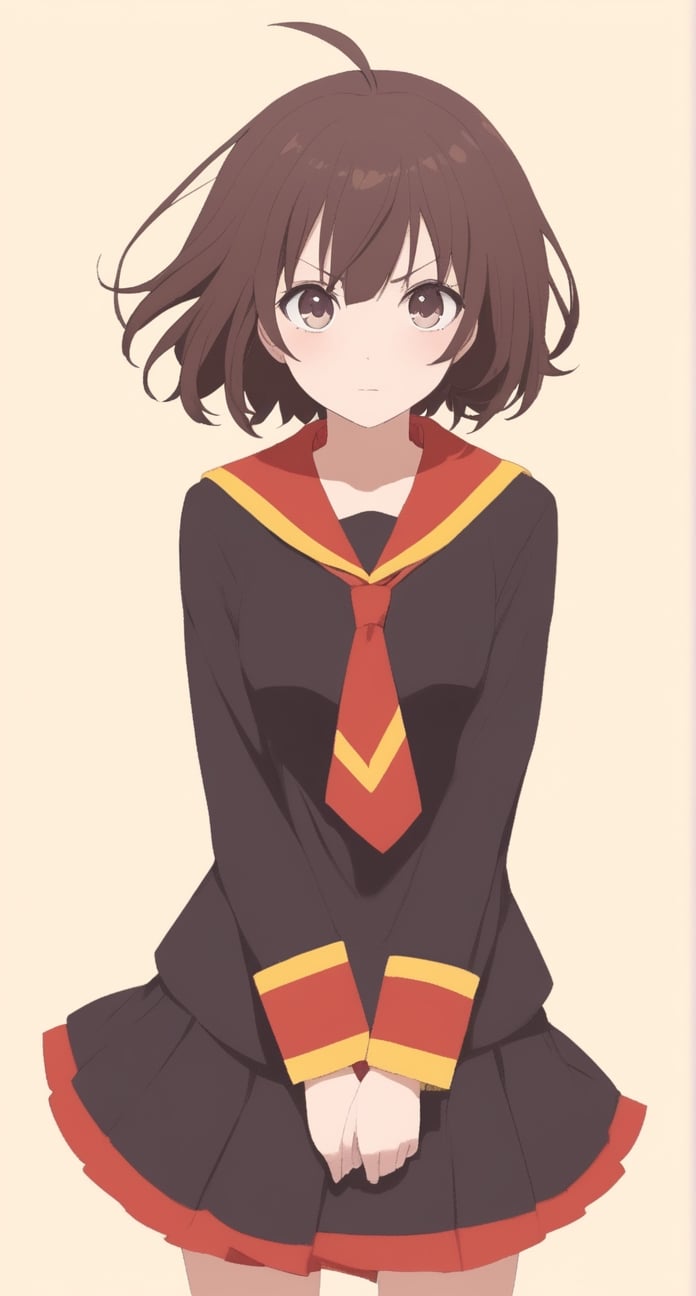 Megumin, posing with a dramatic expression, pastel colors, short-hair, brown_hair, school_girl,