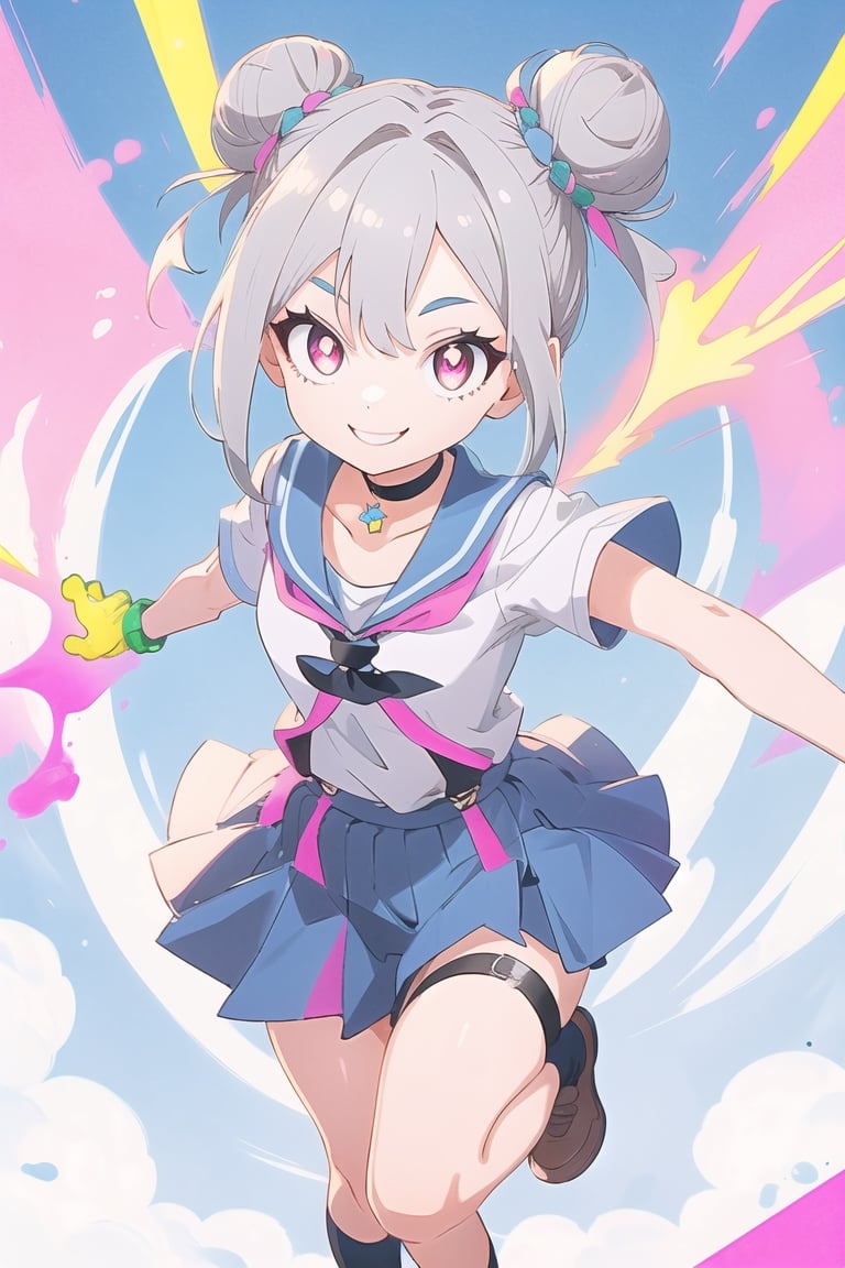 1girl, double bun short brown hair, looking at the viewer, gray hair, pink eyes, short sleeve, dynamic pose, smile, schoolgirl, alone, very aesthetic, absurd, txznf, Colors, KunoTsubakiv1, ASU1, Vivid colors, leg harness, choker,
<3 shaped pupil,Vivid Colors,Beautiful