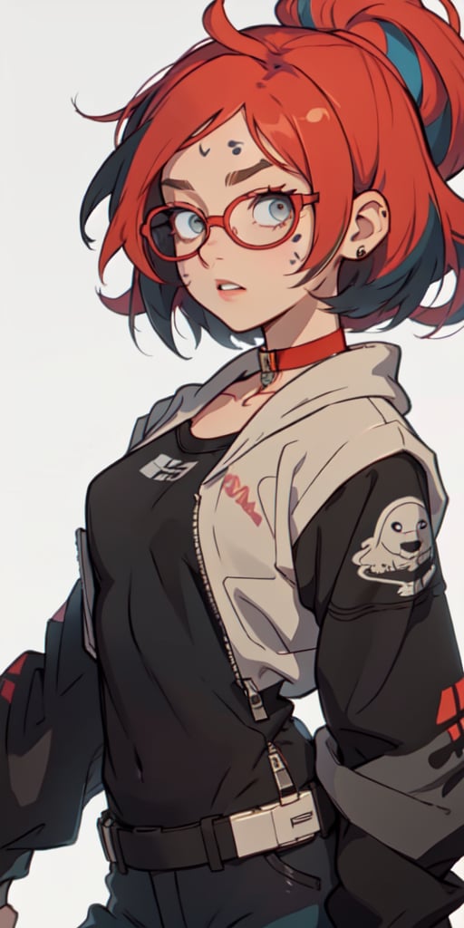 (large sweatshirt),  round black glasses, (dynamic pose), black background, teenager, female_solo, ,looking at viewer, small breasts, white background, bob cut, short hair, multicolored hair, makeup, parted lips, red lips, eyeliner, walkure /(takt op./), choker, harnesses, warrior tattoos, ,BiBa,EnvyBeautyMix23,In the style of gravityfalls