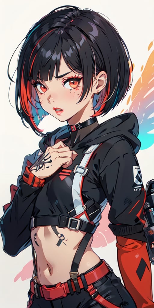 (tactical sweatshirt), (dynamic pose), black background, teenager, female_solo, upper body,looking at viewer, small breasts, white background, bob cut, short hair, multicolored hair, makeup, parted lips, red lips, eyeliner, walkure /(takt op./), choker, harnesses, warrior tattoos, ,BiBa,EnvyBeautyMix23