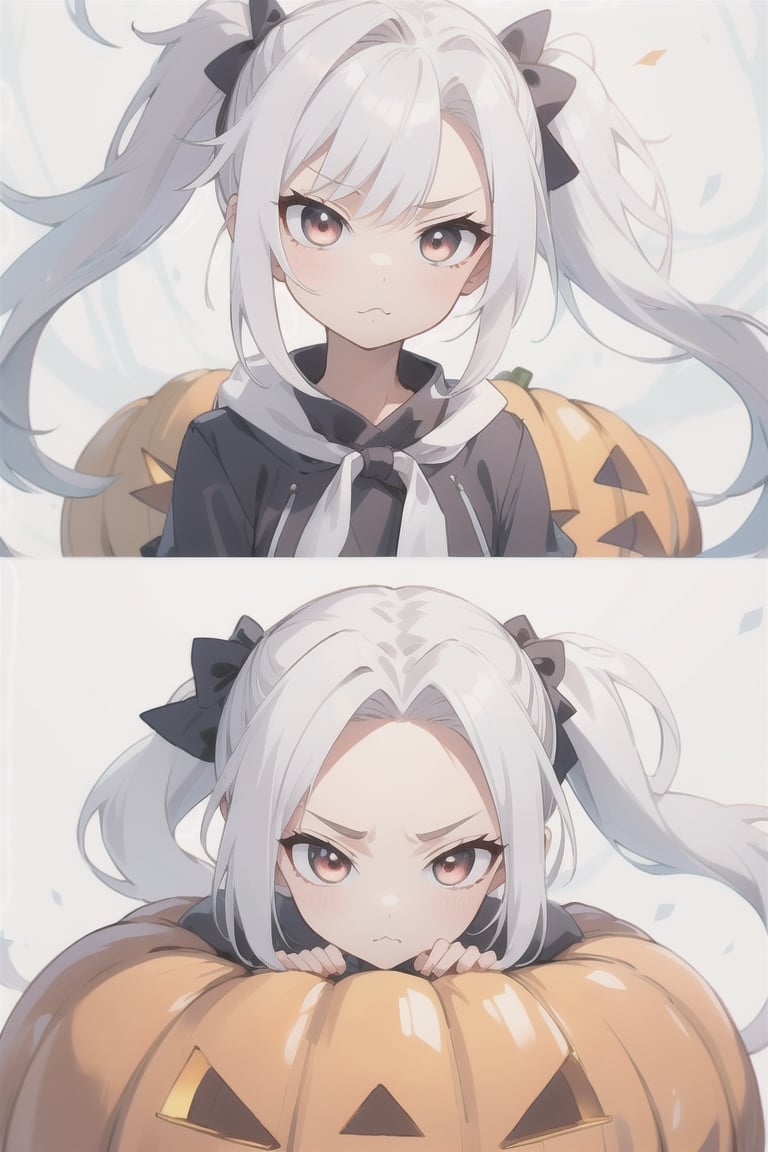 a pumpkin with long pigtails, white hair, adorable expressions, pouting expression,
,KunoTsubakiv1