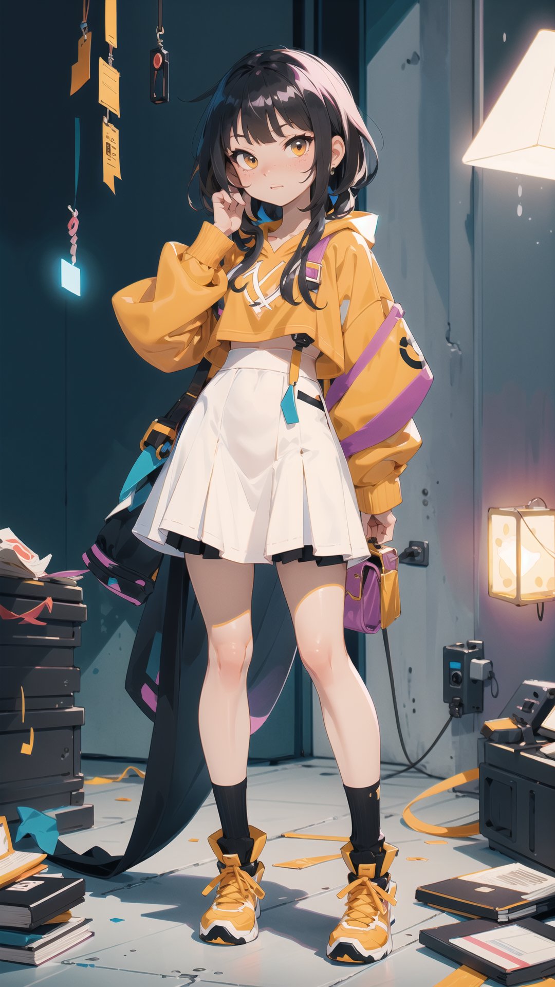 (dinamic pose), Megumin, full body, 
oversized sweatshirt, skirt,
her stunning white, black, and multicolored hair in highly detailed Make use of vibrant colors to bring this masterpiece to life, with exceptional artistry and a touch of elegance. (freckles:0.8)