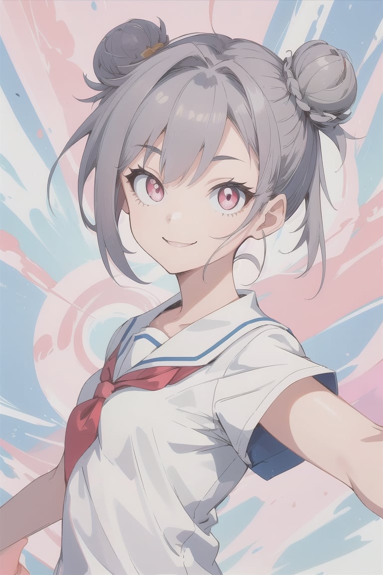 1girl, double bun short brown hair, looking at the viewer, gray hair, pink eyes, short sleeve, dynamic pose, smile, schoolgirl, alone, very aesthetic, absurd, txznf, Colors, KunoTsubakiv1, ASU1, Vivid colors,
<3 shaped pupil