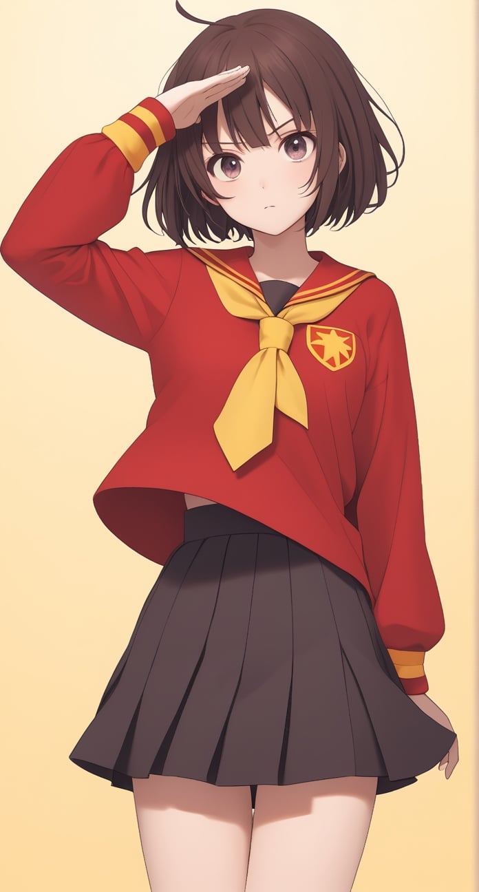 Megumin, posing with a dramatic expression, pastel colors, short-hair, brown_hair, school_girl,