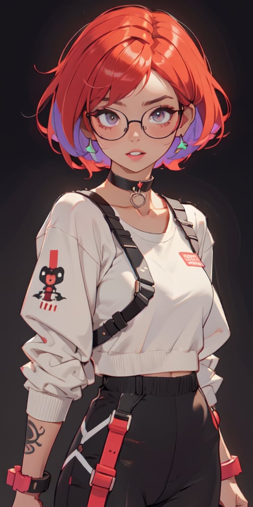 (large sweatshirt),  round black glasses, (dynamic pose), black background, teenager, female_solo, upper body,looking at viewer, medium breasts, white background, bob cut, short hair, multicolored hair, makeup, parted lips, red lips, eyeliner, walkure /(takt op./), choker, harnesses, warrior tattoos, ,BiBa,EnvyBeautyMix23