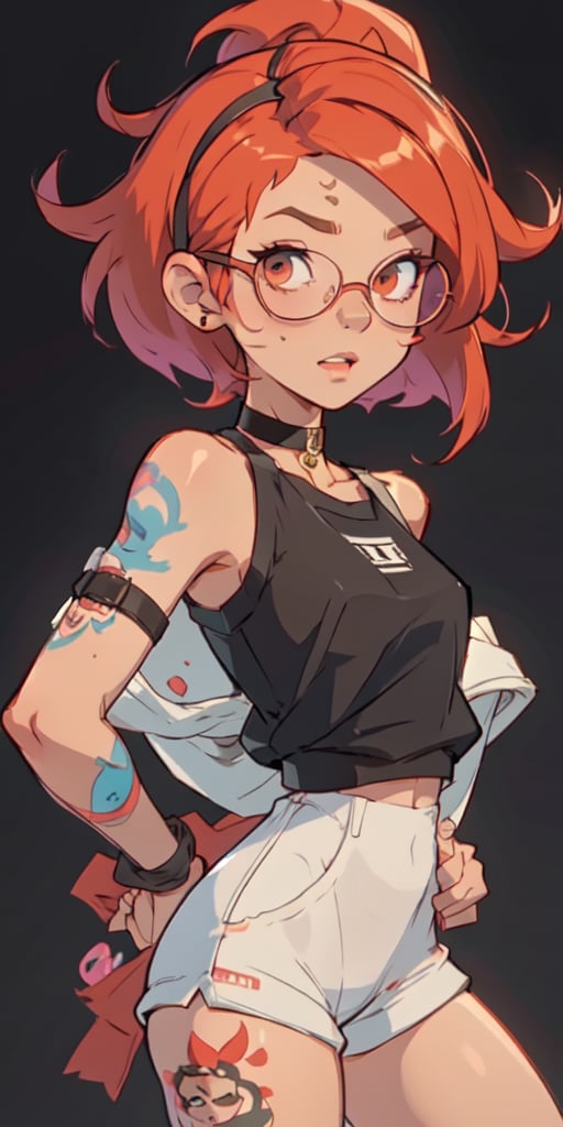 (large sweatshirt),  round black glasses, (dynamic pose), black background, teenager, female_solo, upper body,looking at viewer, small breasts, white background, bob cut, short hair, multicolored hair, makeup, parted lips, red lips, eyeliner, walkure /(takt op./), choker, harnesses, warrior tattoos, ,BiBa,EnvyBeautyMix23,In the style of gravityfalls