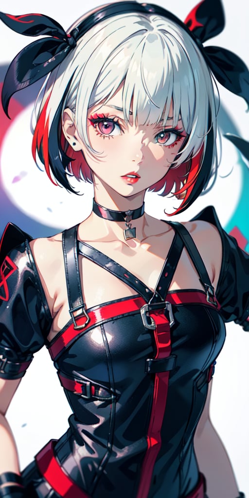 1 teen girl,solo, upper body,looking at viewer, white background, bob cut, short hair, multicolored hair, makeup, parted lips, red lips, eyeliner, ,walkure /(takt op./), choker, harnesses, top