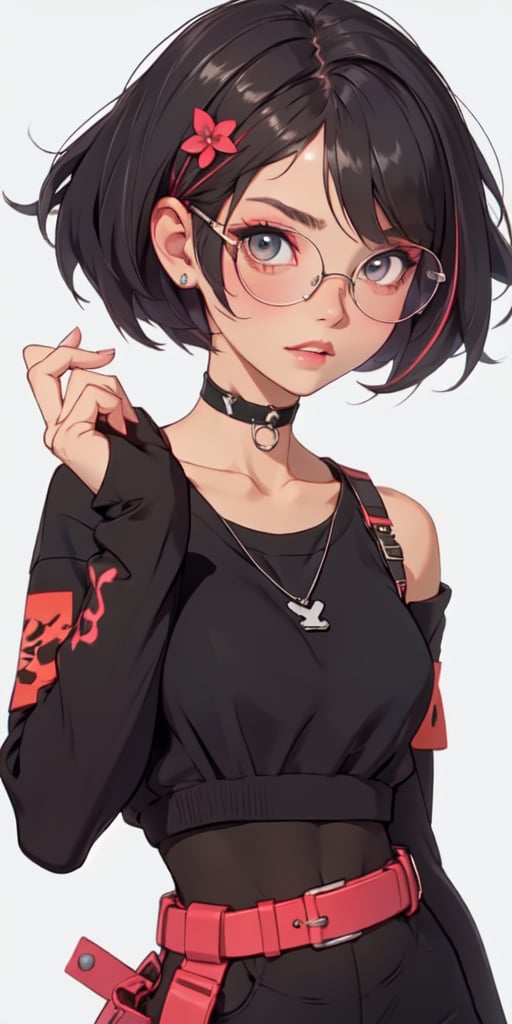 (large sweatshirt),  round black glasses, (dynamic pose), black background, teenager, female_solo, upper body,looking at viewer, medium breasts, white background, bob cut, short hair, multicolored hair, makeup, parted lips, red lips, eyeliner, walkure /(takt op./), choker, harnesses, warrior tattoos, ,BiBa,EnvyBeautyMix23