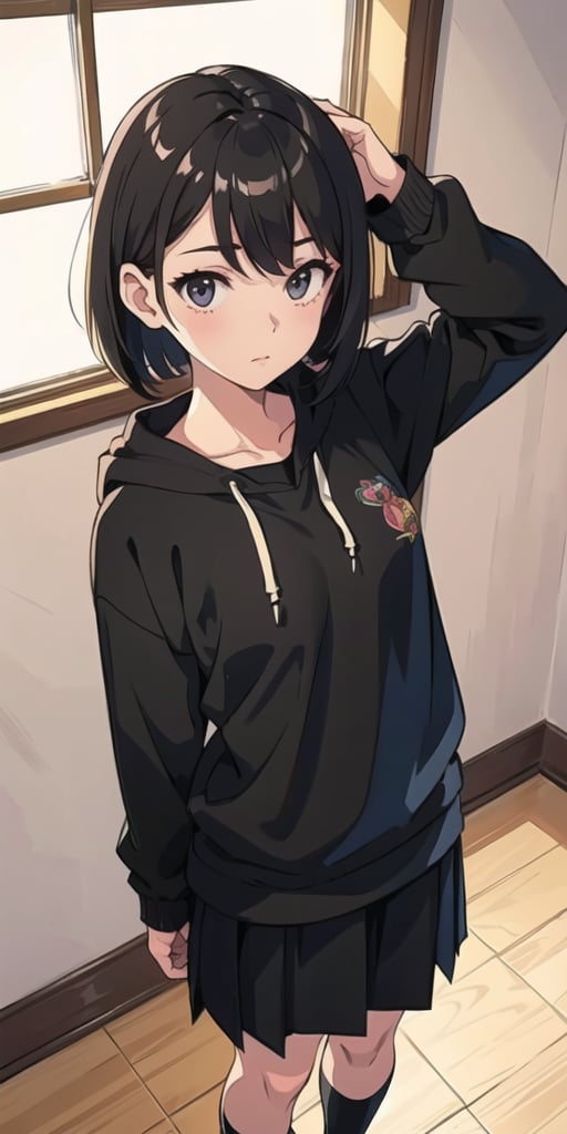 (the image must be PNG), girl, tender expression, (dinamic pose),  bob style hair, (from above), standing
medium skirt, large black sweatshirt, 

frankie_wai,MAWSLoisLane