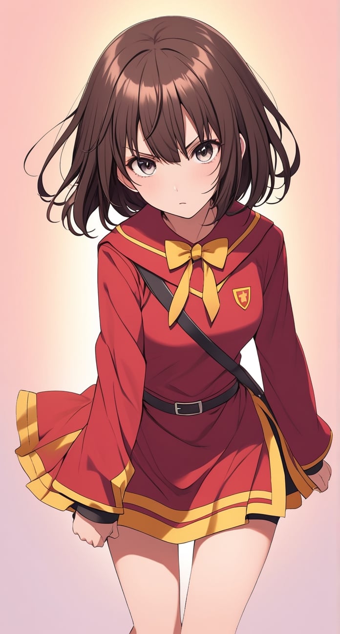 Megumin, posing with a dramatic expression, pastel colors, short-hair, brown_hair, school_girl,