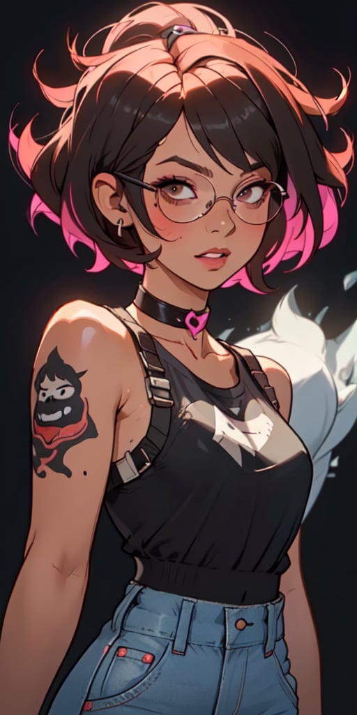 (large sweatshirt),  round black glasses, (dynamic pose), black background, teenager, female_solo, ,looking at viewer, small breasts, white background, bob cut, short hair, multicolored hair, makeup, parted lips, red lips, eyeliner, walkure /(takt op./), choker, harnesses, warrior tattoos, blue jeans, ,BiBa,EnvyBeautyMix23,In the style of gravityfalls,