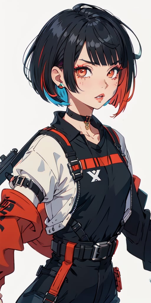 (tactical sweatshirt), (dynamic pose), black background, teenager, female_solo, upper body,looking at viewer, small breasts, white background, bob cut, short hair, multicolored hair, makeup, parted lips, red lips, eyeliner, walkure /(takt op./), choker, harnesses, warrior tattoos, ,BiBa,EnvyBeautyMix23