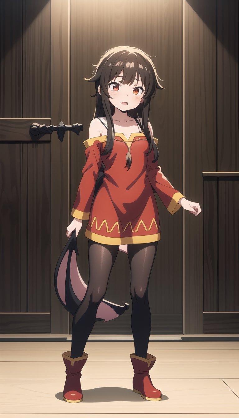 full body, megumin with surprised expression, explosive hair, dark dragon figure in the background of the image




,niji6,KunoTsubakiv1