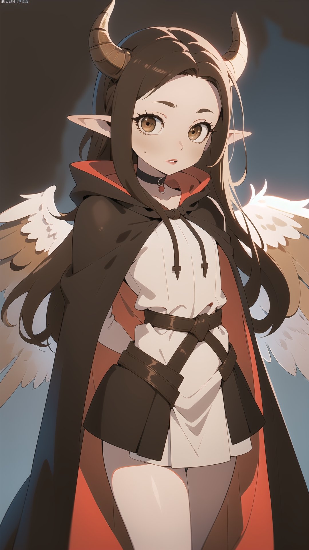 (dynamic pose), ((cute crimson red eyes)), almond lips, choker, angel wings, horns, arms behind the back, black cloak, Elf's ears



EnvyBeautyMix23,KunoTsubakiv1,EnvyBeautyMix23,asuna yuuki,long hair,brown hair,(brown eyes:2)