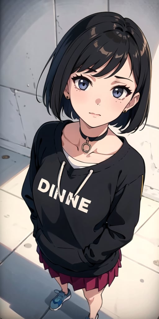 girl, adorable face, tender expression, (dinamic pose),  bob style hair, (from above), standing, choker,
medium skirt, large black sweatshirt, 

frankie_wai,MAWSLoisLane