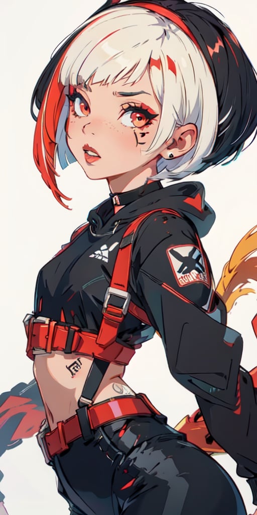 (tactical sweatshirt), (dynamic pose), black background, teenager, female_solo, upper body,looking at viewer, small breasts, white background, bob cut, short hair, multicolored hair, makeup, parted lips, red lips, eyeliner, walkure /(takt op./), choker, harnesses, warrior tattoos, ,BiBa,EnvyBeautyMix23