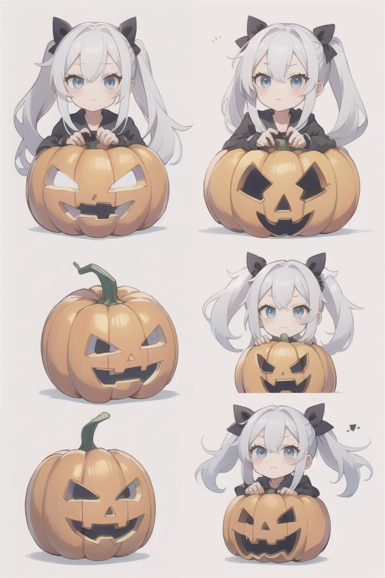 a pumpkin with long pigtails, white hair, adorable expressions,
,KunoTsubakiv1