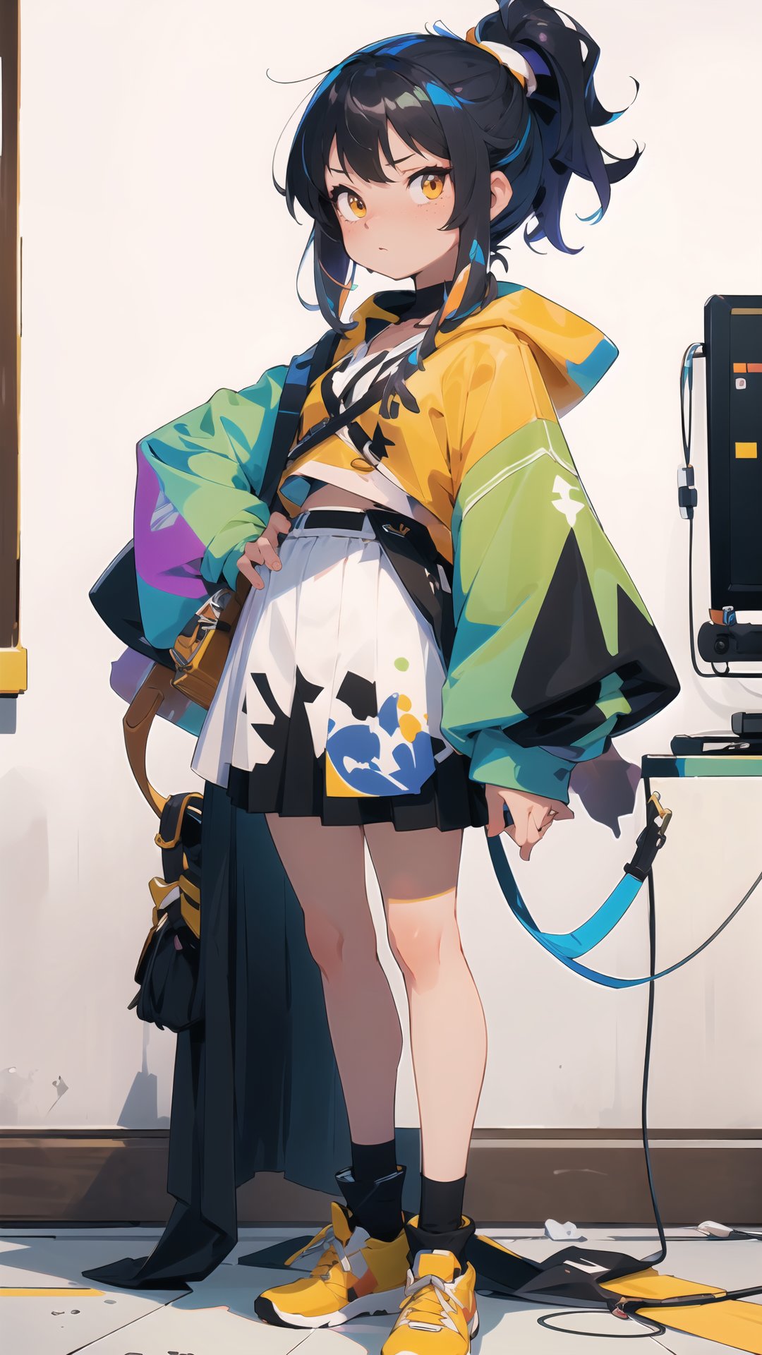 (dinamic pose), Megumin, full body, 
oversized sweatshirt, skirt,
her stunning white, black, and multicolored hair in highly detailed Make use of vibrant colors to bring this masterpiece to life, with exceptional artistry and a touch of elegance. (freckles:0.8)