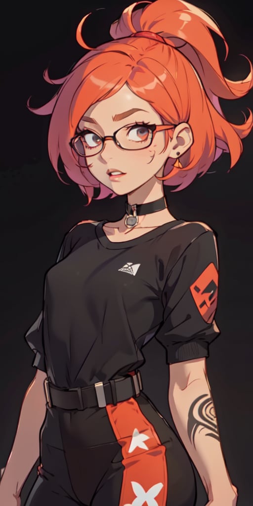 (large sweatshirt),  round black glasses, (dynamic pose), black background, teenager, female_solo, upper body,looking at viewer, small breasts, white background, bob cut, short hair, multicolored hair, makeup, parted lips, red lips, eyeliner, walkure /(takt op./), choker, harnesses, warrior tattoos, ,BiBa,EnvyBeautyMix23,In the style of gravityfalls