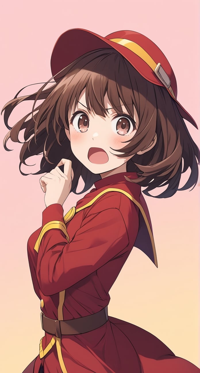 Megumin, posing with a dramatic expression, pastel colors, short-hair, brown_hair 