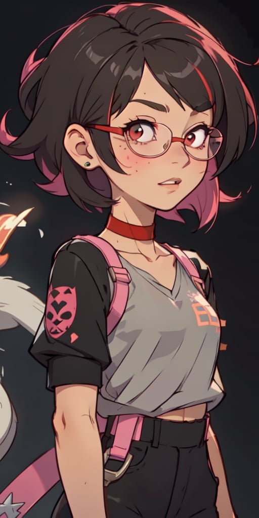 (large sweatshirt),  round black glasses, (dynamic pose), black background, teenager, female_solo, upper body,looking at viewer, small breasts, white background, bob cut, short hair, multicolored hair, makeup, parted lips, red lips, eyeliner, walkure /(takt op./), choker, harnesses, warrior tattoos, ,BiBa,EnvyBeautyMix23,In the style of gravityfalls