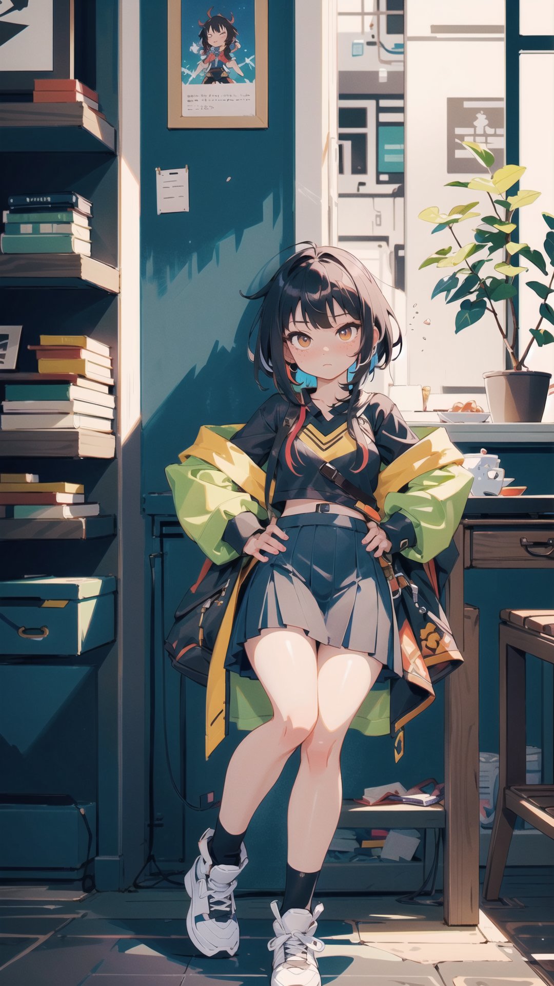 (dinamic pose), Megumin, full body, 
oversized sweatshirt, skirt,
Surround her with soft and ambient lighting to set a tranquil mood. and her stunning white, black, and multicolored hair in highly detailed Make use of vibrant colors to bring this masterpiece to life, with exceptional artistry and a touch of elegance. (freckles:0.8)