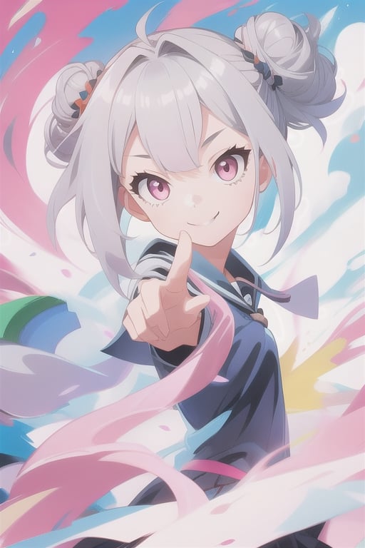 1girl, @_@, double bun short brown hair, looking at the viewer, gray hair, pink eyes, short sleeve, dynamic pose, smile, schoolgirl, alone, very aesthetic, absurd, txznf, Colors, KunoTsubakiv1, ASU1, Vivid colors