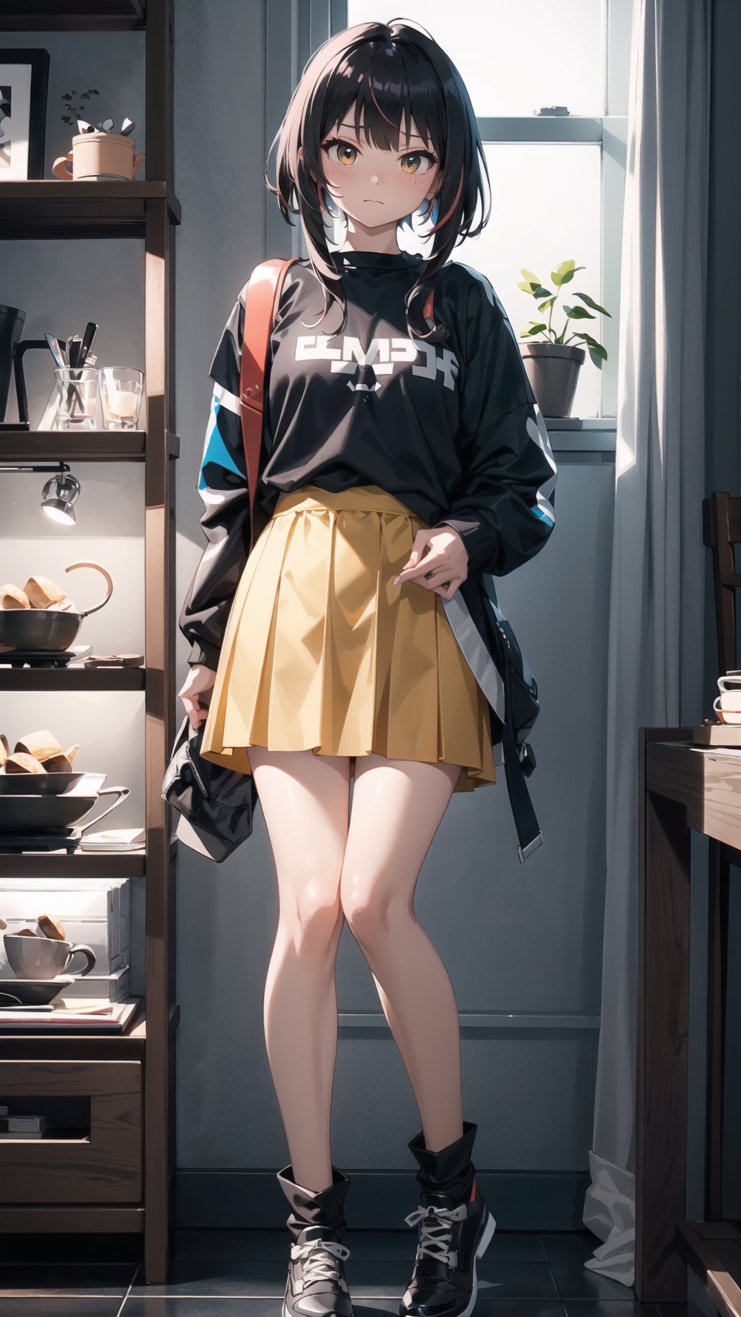 (dinamic pose), Megumin, full body, 
oversized sweatshirt, skirt,
Surround her with soft and ambient lighting to set a tranquil mood. and her stunning white, black, and multicolored hair in highly detailed Make use of vibrant colors to bring this masterpiece to life, with exceptional artistry and a touch of elegance. (freckles:0.8)