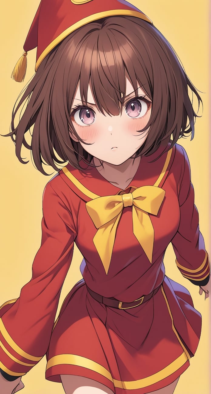 Megumin, posing with a dramatic expression, pastel colors, short-hair, brown_hair, school_girl,