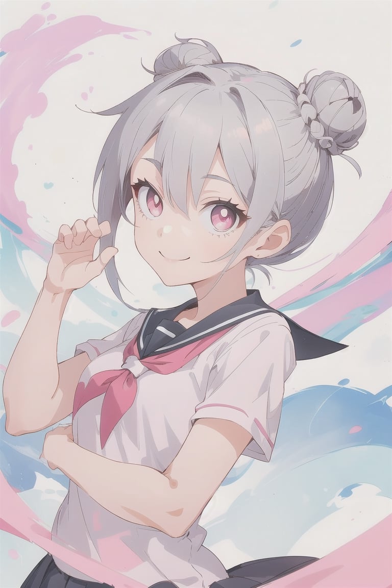 1girl, double bun short brown hair, looking at the viewer, gray hair, pink eyes, short sleeve, dynamic pose, smile, schoolgirl, alone, very aesthetic, absurd, txznf, Colors, KunoTsubakiv1, ASU1, Vivid colors,
<3 shaped pupil